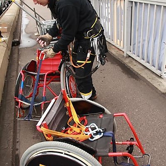 Nusle Bridge abseil on wheelchair 2015: